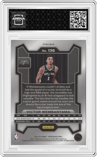 Victor Wembanyama from the 2023-24 Panini Prizm set featuring a Silver Prizm  parallel graded by Arena Club.