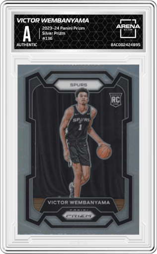 Victor Wembanyama from the 2023-24 Panini Prizm set featuring a Silver Prizm  parallel graded by Arena Club.