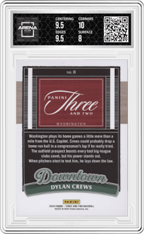 Dylan Crews from the 2024 Panini Three and Two set graded by Arena Club and given an overall grade of 8.5.