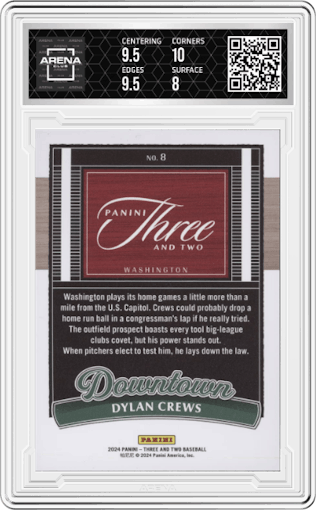 Dylan Crews from the 2024 Panini Three and Two set graded by Arena Club and given an overall grade of 8.5.