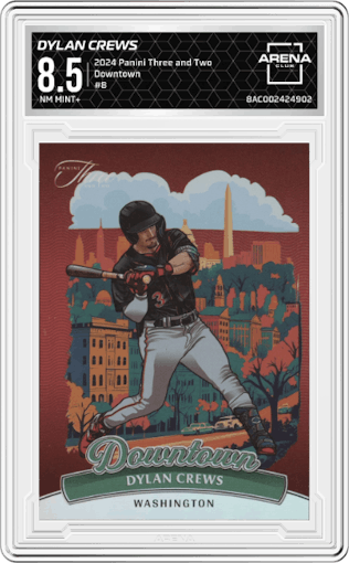 Dylan Crews from the 2024 Panini Three and Two set graded by Arena Club and given an overall grade of 8.5.