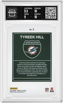 Tyreek Hill from the 2024 Donruss set graded by Arena Club and given an overall grade of 9.5.
