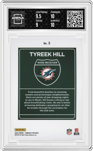 Tyreek Hill from the 2024 Donruss set graded by Arena Club and given an overall grade of 9.5.
