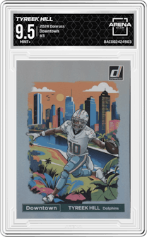 Tyreek Hill from the 2024 Donruss set graded by Arena Club and given an overall grade of 9.5.