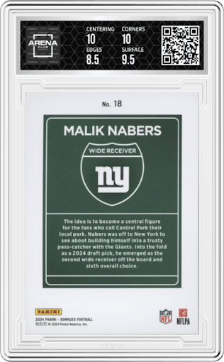 Malik Nabers  from the 2024 Donruss set graded by Arena Club and given an overall grade of 9.