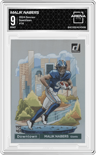 Malik Nabers  from the 2024 Donruss set graded by Arena Club and given an overall grade of 9.