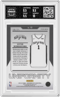 Victor Wembanyama from the 2023-24 Panini Contenders Optic set featuring a Blue Cracked Ice parallel graded by Arena Club and given an overall grade of 9.