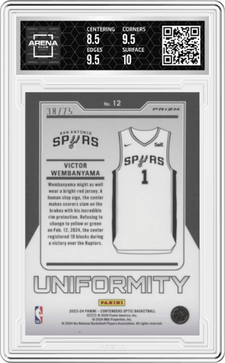 Victor Wembanyama from the 2023-24 Panini Contenders Optic set featuring a Blue Cracked Ice parallel graded by Arena Club and given an overall grade of 9.