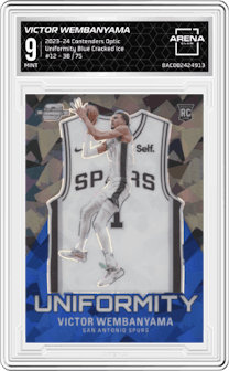 Victor Wembanyama from the 2023-24 Panini Contenders Optic set featuring a Blue Cracked Ice parallel graded by Arena Club and given an overall grade of 9.