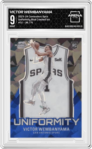 Victor Wembanyama from the 2023-24 Panini Contenders Optic set featuring a Blue Cracked Ice parallel graded by Arena Club and given an overall grade of 9.