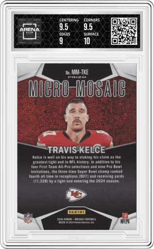 Travis Kelce	 from the 2024 Panini Mosaic set graded by Arena Club and given an overall grade of 9.5.
