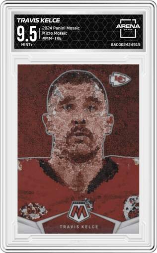 Travis Kelce	 from the 2024 Panini Mosaic set graded by Arena Club and given an overall grade of 9.5.
