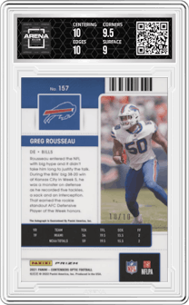 Greg Rousseau from the 2021 Panini Contenders Optic set featuring a Gold parallel graded by Arena Club and given an overall grade of 9.5.