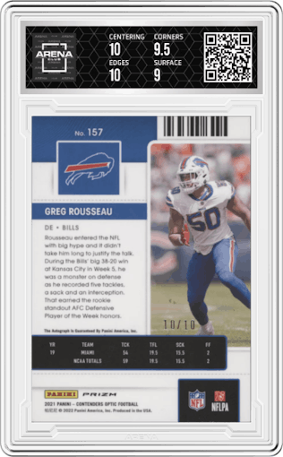 Greg Rousseau from the 2021 Panini Contenders Optic set featuring a Gold parallel graded by Arena Club and given an overall grade of 9.5.