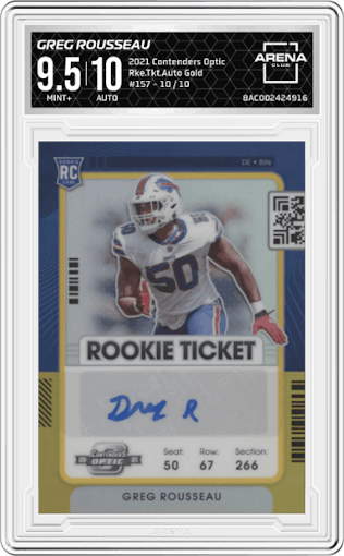 Greg Rousseau from the 2021 Panini Contenders Optic set featuring a Gold parallel graded by Arena Club and given an overall grade of 9.5.