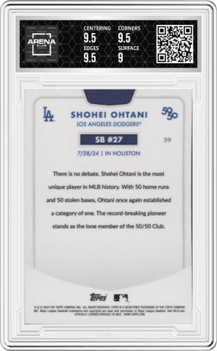 Shohei Ohtani from the 2024 Topps 50/50 set featuring a Chrome Aqua parallel graded by Arena Club and given an overall grade of 9.5.