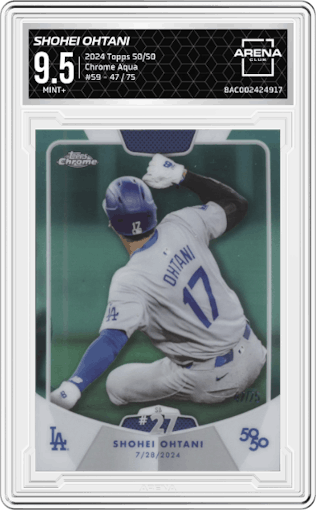 Shohei Ohtani from the 2024 Topps 50/50 set featuring a Chrome Aqua parallel graded by Arena Club and given an overall grade of 9.5.