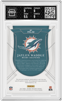 Jaylen Waddle from the 2021 Panini National Treasures set featuring a Silver Holo parallel graded by Arena Club and given an overall grade of 9.