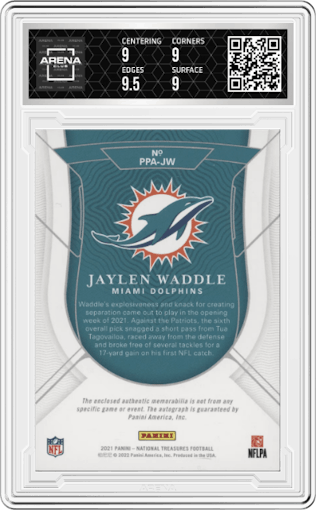 Jaylen Waddle from the 2021 Panini National Treasures set featuring a Silver Holo parallel graded by Arena Club and given an overall grade of 9.