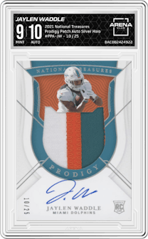 Jaylen Waddle from the 2021 Panini National Treasures set featuring a Silver Holo parallel graded by Arena Club and given an overall grade of 9.