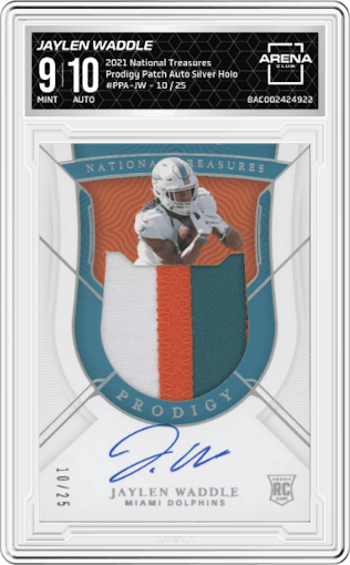 Jaylen Waddle from the 2021 Panini National Treasures set featuring a Silver Holo parallel graded by Arena Club and given an overall grade of 9.