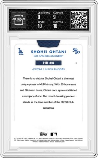 Shohei Ohtani from the 2024 Topps 50/50 set featuring a Chrome Refractor parallel graded by Arena Club and given an overall grade of 9.5.