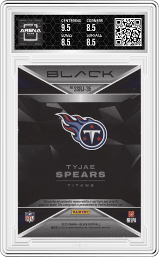 Tyjae Spears from the 2023 Panini Black set featuring a Royal parallel graded by Arena Club and given an overall grade of 9.