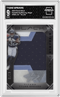 Tyjae Spears from the 2023 Panini Black set featuring a Royal parallel graded by Arena Club and given an overall grade of 9.