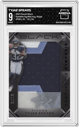 Tyjae Spears from the 2023 Panini Black set featuring a Royal parallel graded by Arena Club and given an overall grade of 9.