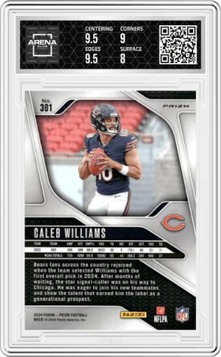 Caleb Williams from the 2024 Panini Prizm set featuring a Red/White/Blue Prizm parallel graded by Arena Club and given an overall grade of 8.5.