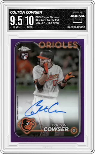 Colton Cowser from the 2024 Topps Chrome set featuring a Purple Refractor parallel graded by Arena Club and given an overall grade of 9.5.