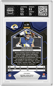 Puka Nacua from the 2024 Panini Mosaic set featuring a Honeycomb parallel graded by Arena Club and given an overall grade of 8.