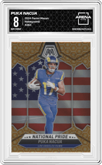 Puka Nacua from the 2024 Panini Mosaic set featuring a Honeycomb parallel graded by Arena Club and given an overall grade of 8.