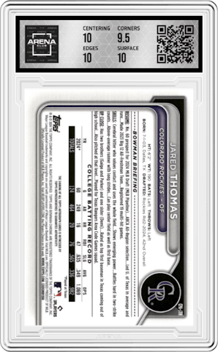 Jared Thomas from the 2024 Bowman Draft set featuring a Blue Refractor parallel graded by Arena Club and given an overall grade of 10.