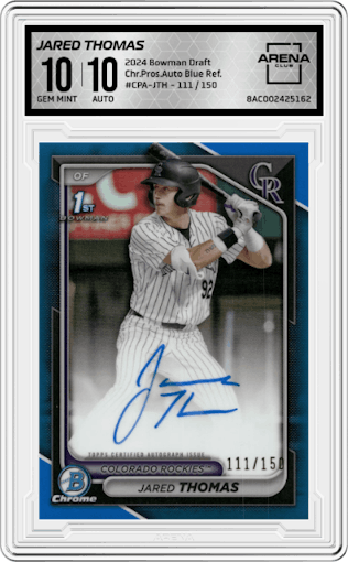 Jared Thomas from the 2024 Bowman Draft set featuring a Blue Refractor parallel graded by Arena Club and given an overall grade of 10.
