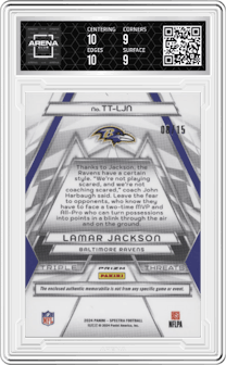 Lamar Jackson from the 2024 Panini Spectra set featuring a Pink Neon parallel graded by Arena Club and given an overall grade of 9.5.