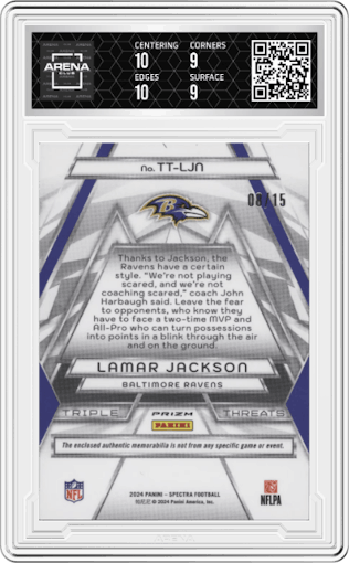 Lamar Jackson from the 2024 Panini Spectra set featuring a Pink Neon parallel graded by Arena Club and given an overall grade of 9.5.