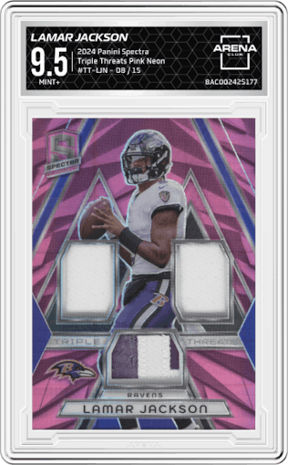 Lamar Jackson from the 2024 Panini Spectra set featuring a Pink Neon parallel graded by Arena Club and given an overall grade of 9.5.