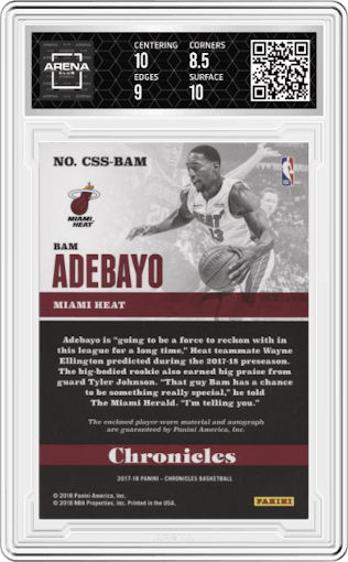 Bam Adebayo from the 2017-18 Panini Chronicles set graded by Arena Club and given an overall grade of 9.