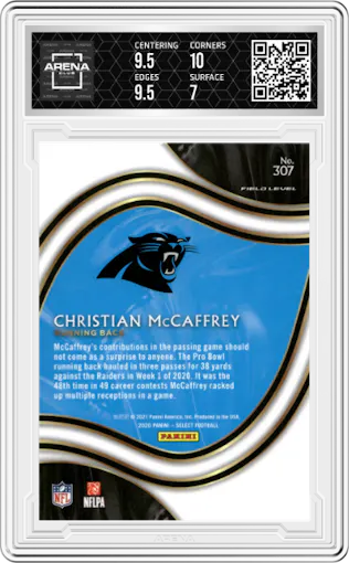 Christian McCaffrey from the 2020 Panini Select set graded by Arena Club and given an overall grade of 7.5.
