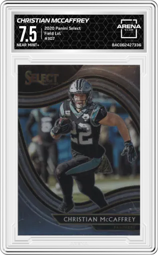 Christian McCaffrey from the 2020 Panini Select set graded by Arena Club and given an overall grade of 7.5.