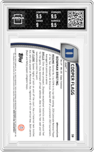 Cooper Flagg from the 2024-25 Bowman University Chrome set graded by Arena Club and given an overall grade of 9.5.