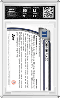 Cooper Flagg from the 2024-25 Bowman University Chrome set graded by Arena Club and given an overall grade of 9.5.