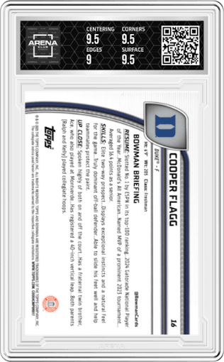 Cooper Flagg from the 2024-25 Bowman University Chrome set graded by Arena Club and given an overall grade of 9.5.