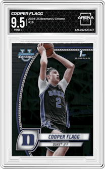 Cooper Flagg from the 2024-25 Bowman University Chrome set graded by Arena Club and given an overall grade of 9.5.