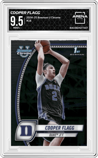 Cooper Flagg from the 2024-25 Bowman University Chrome set graded by Arena Club and given an overall grade of 9.5.