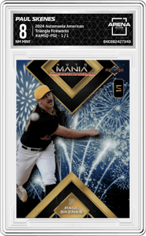 Paul Skenes from the 2024 Wild Card Automania American Baseball  Clearview Paul Skenes National Exclusive set featuring a Fireworks parallel graded by Arena Club and given an overall grade of 8.