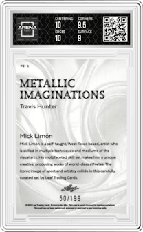Travis Hunter from the 2023 Leaf Metallic Imaginations set featuring a Red parallel graded by Arena Club and given an overall grade of 9.5.