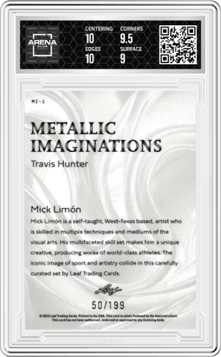 Travis Hunter from the 2023 Leaf Metallic Imaginations set featuring a Red parallel graded by Arena Club and given an overall grade of 9.5.