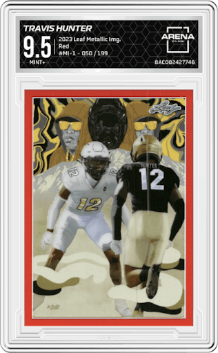 Travis Hunter from the 2023 Leaf Metallic Imaginations set featuring a Red parallel graded by Arena Club and given an overall grade of 9.5.
